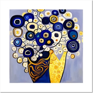 Cute Abstract Flowers in a Blue and Gold Vase Still Life Painting Posters and Art